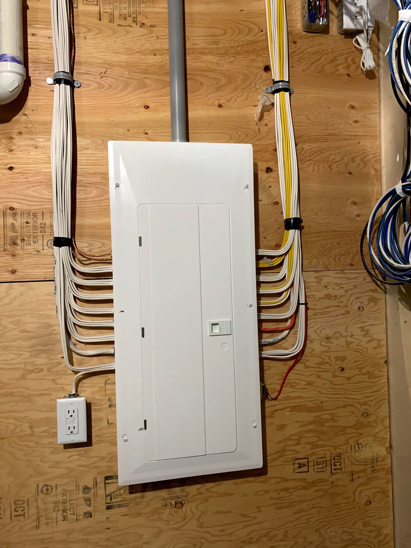 Electrical panel and wiring on unfinished wood walls, new construction stage — Pump Hill
