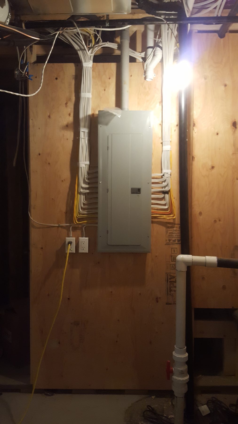 Electrical panel and wiring installation on plywood wall with plumbing pipes — Timeless Form