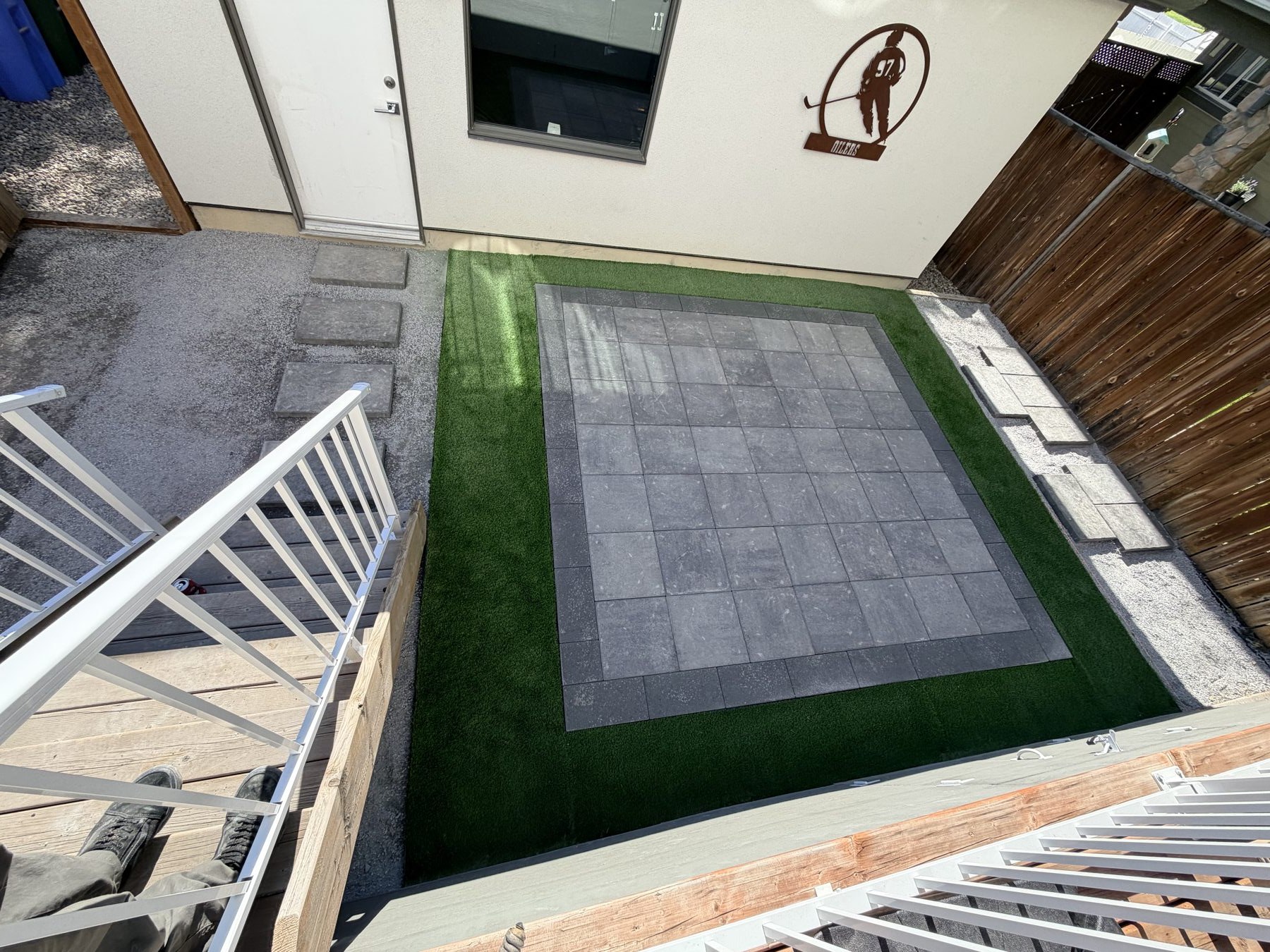 Backyard patio with stone pavers, artificial turf, and gravel landscaping — 3505 41 Street SW, Calgary