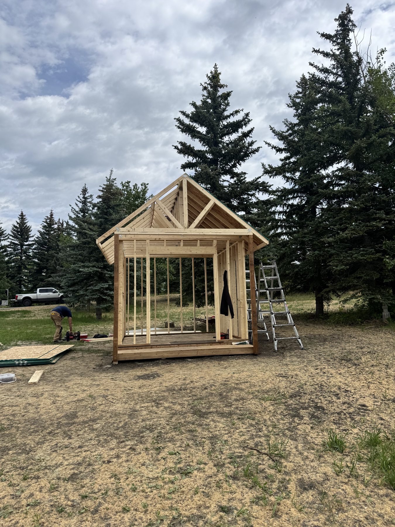 Wooden shed framing in progress with roof trusses and ladder — 101 Lariat Loop, Calgary by Onsite Contracting Services