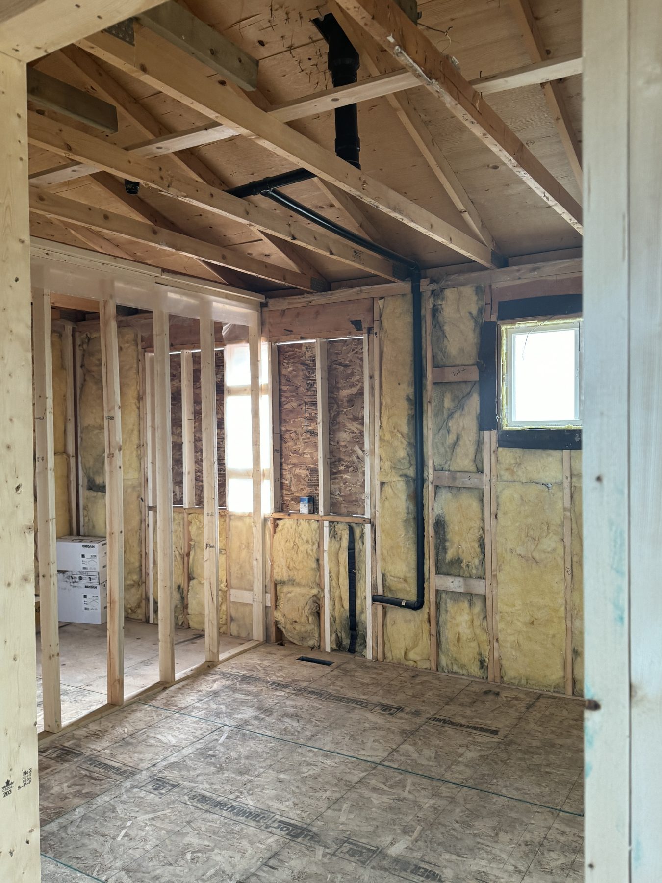 Framed room with insulation, plumbing, and plywood flooring — 188 Lake Adams Crescent SE, Calgary