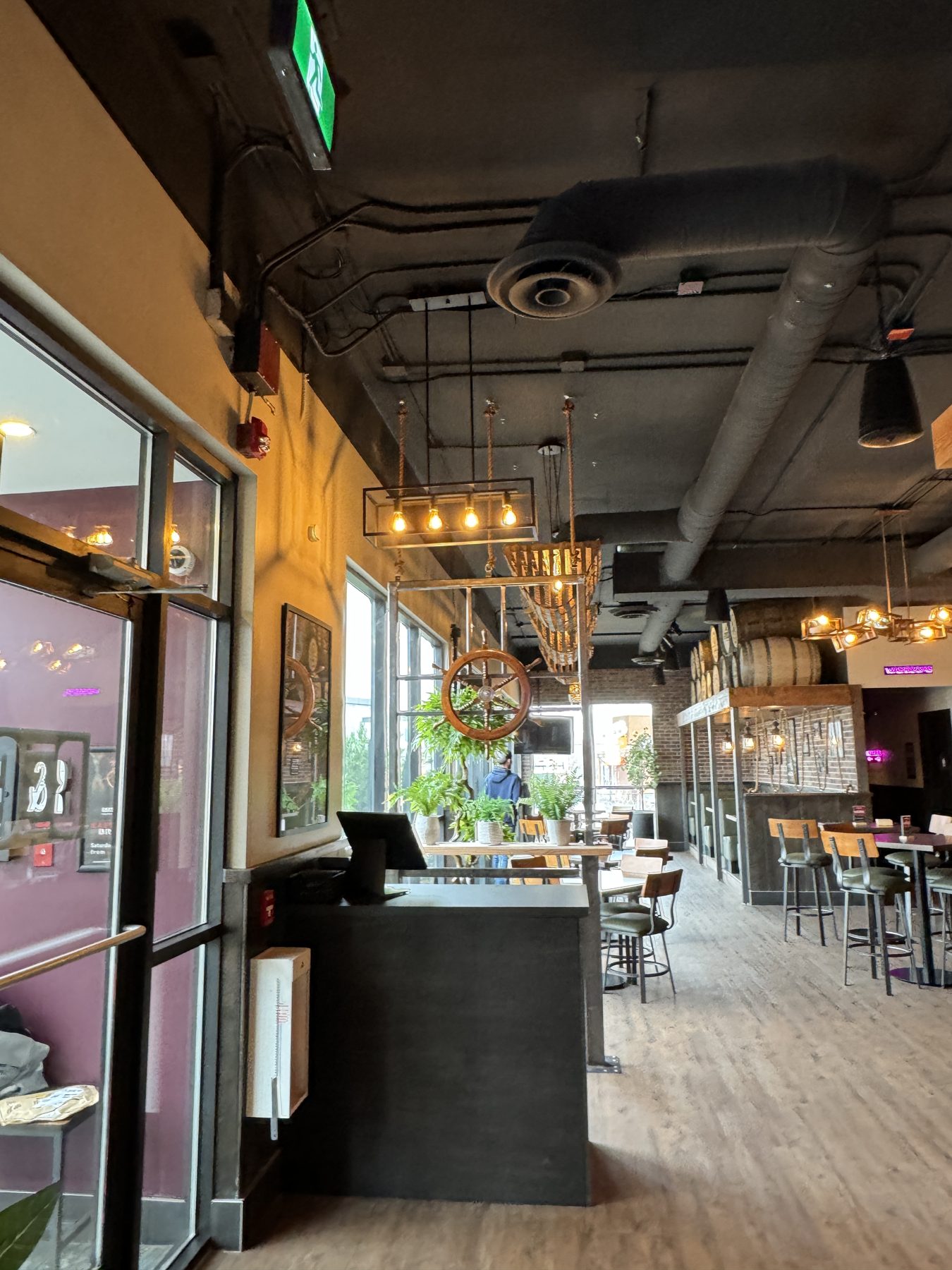 Restaurant interior with industrial lighting and exposed ductwork; nearly complete — Blowers and Grafton (Shawnessy)