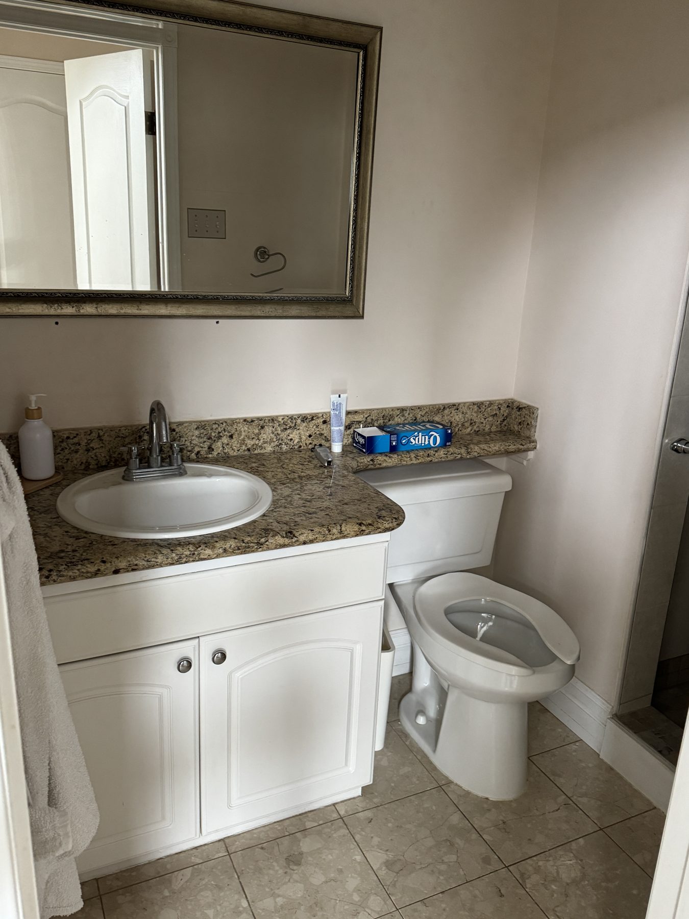 Bathroom vanity, toilet, granite countertop, and mirror undergoing renovation — 14 Lochend Drive, Cochrane