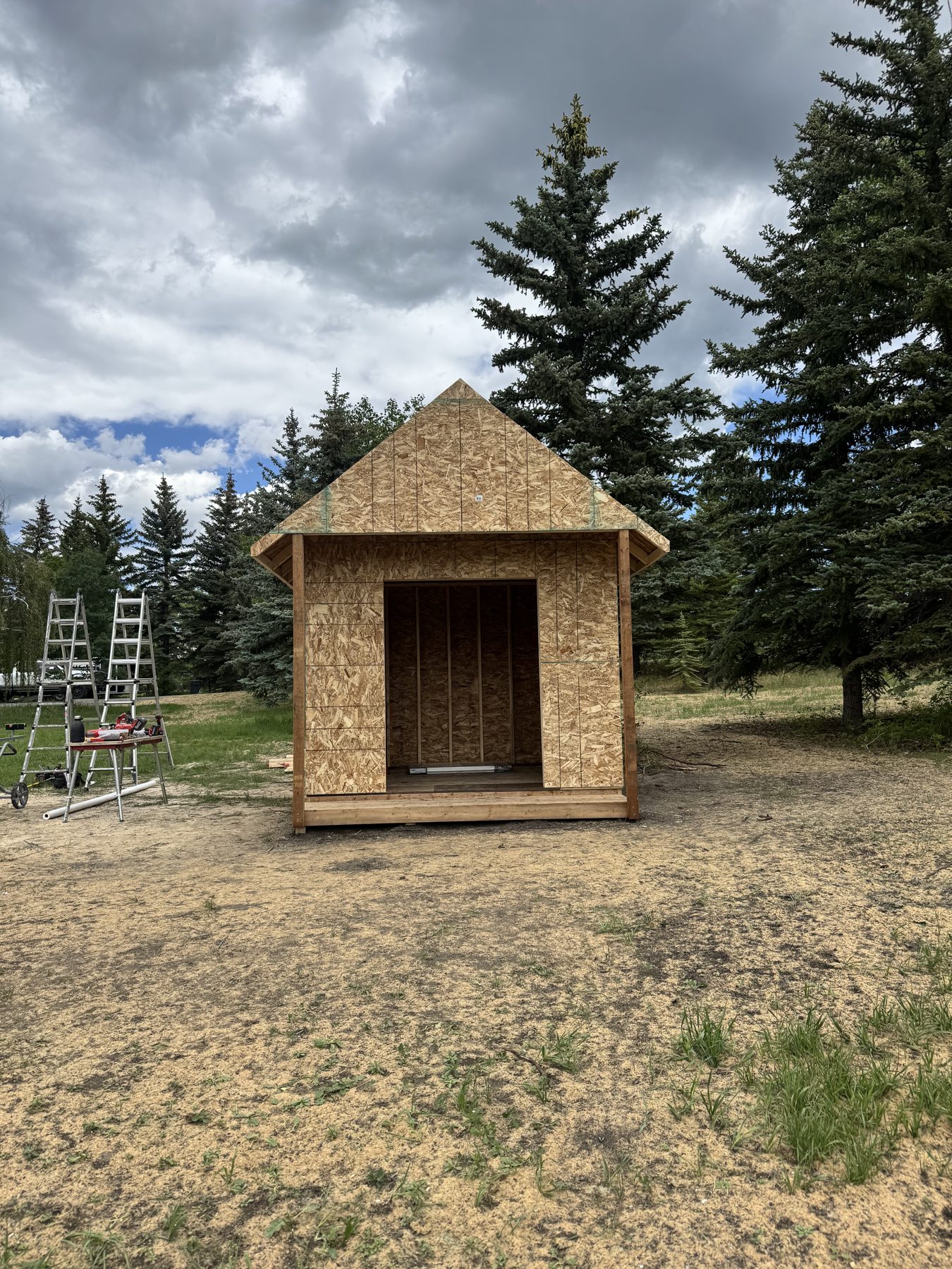 Shed framing with OSB sheathing, ladders, and tools nearby — 101 Lariat Loop, Calgary