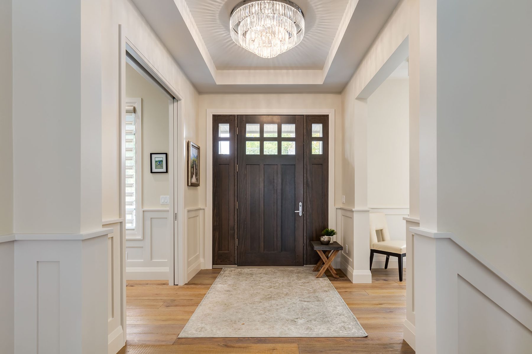 Entryway with dark wood door, wainscoting, and tray ceiling light — Artista