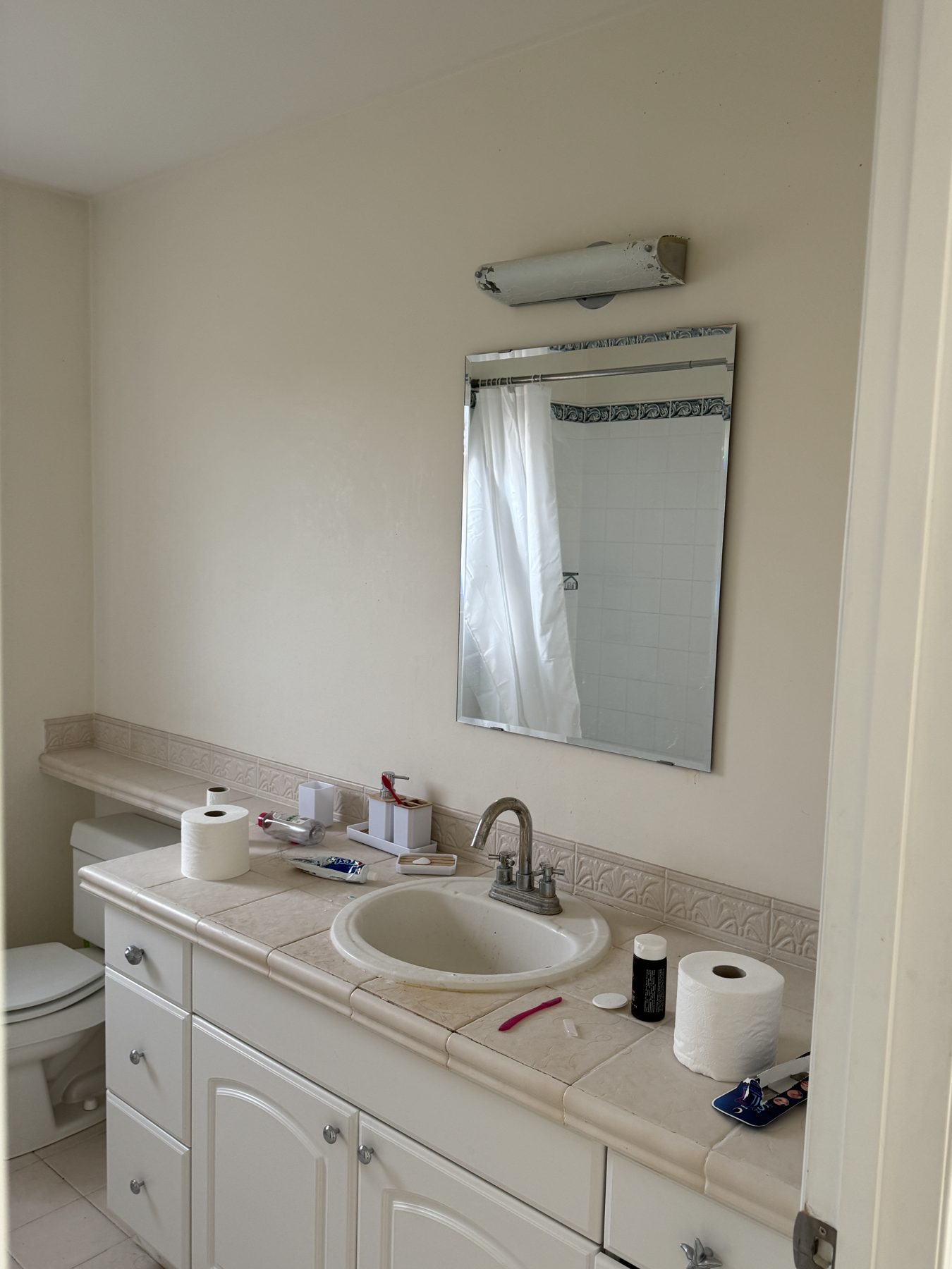 Bathroom vanity with sink, toilet, mirror, and shower curtain visible — 14 Lochend Drive, Cochrane