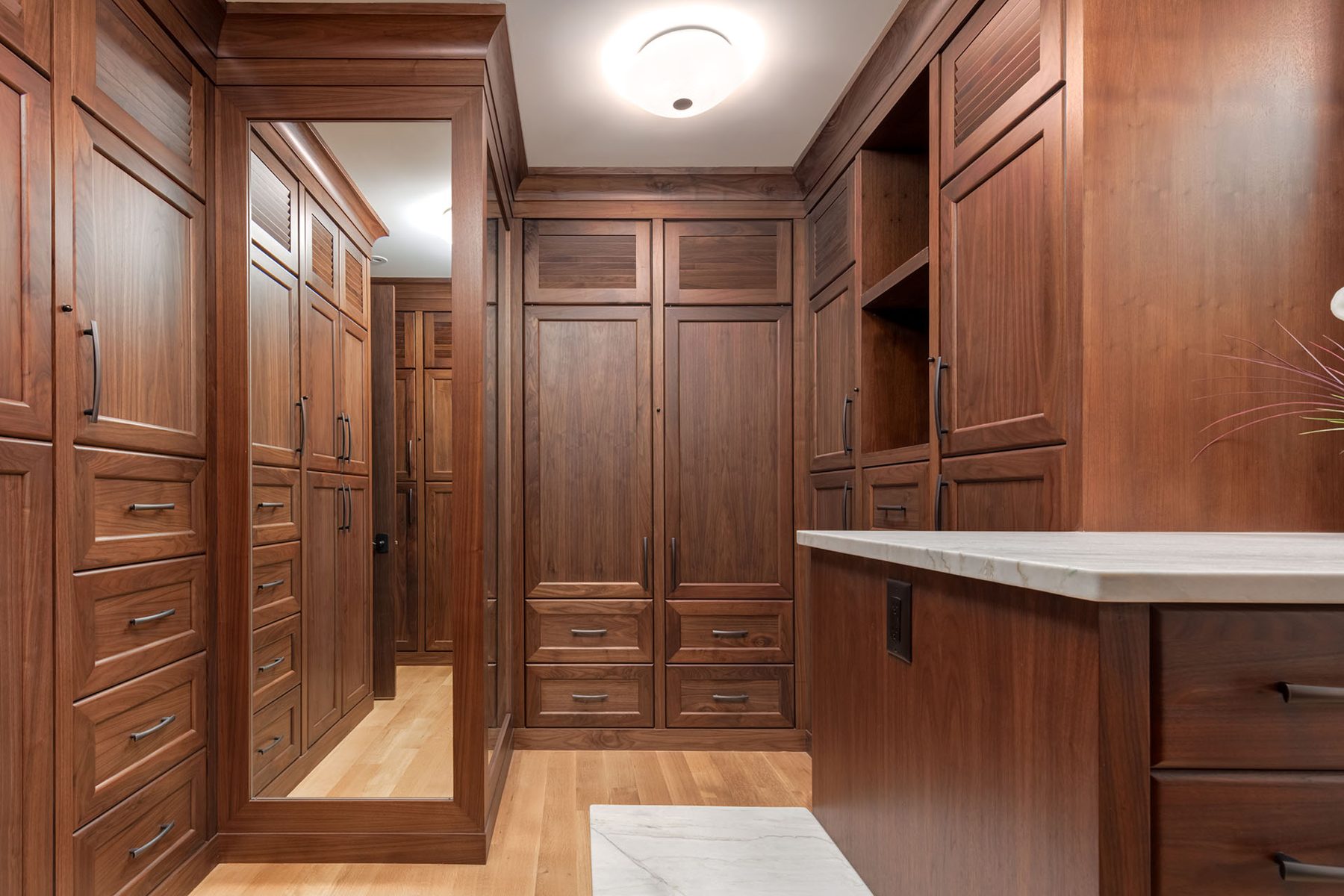 Walk-in closet with custom walnut cabinetry, drawers, and mirror — Oxford