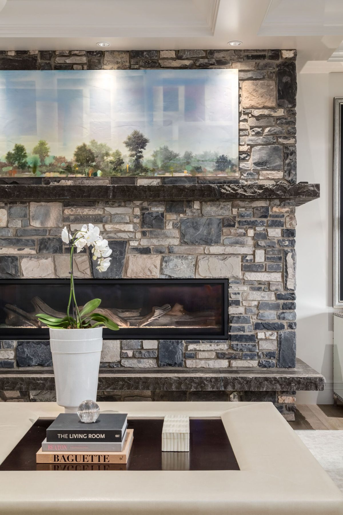 Stone fireplace with modern gas insert, artwork, and orchid — White House