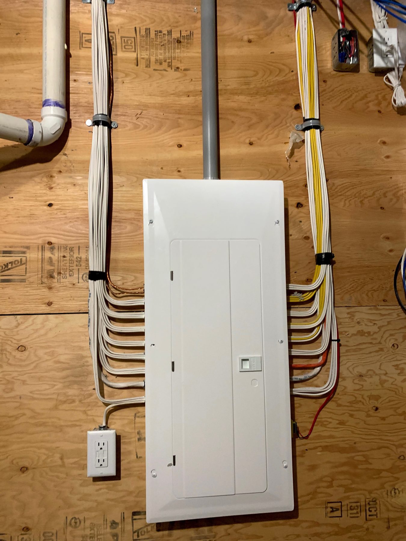 Electrical panel on wood wall with organized wiring and plumbing — Pump Hill