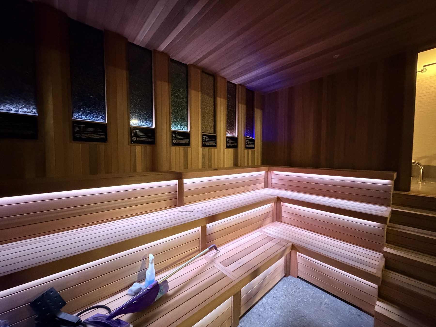 New wooden sauna benches with LED lighting during construction — Cedar Steam and Spa (Trinity Hills)