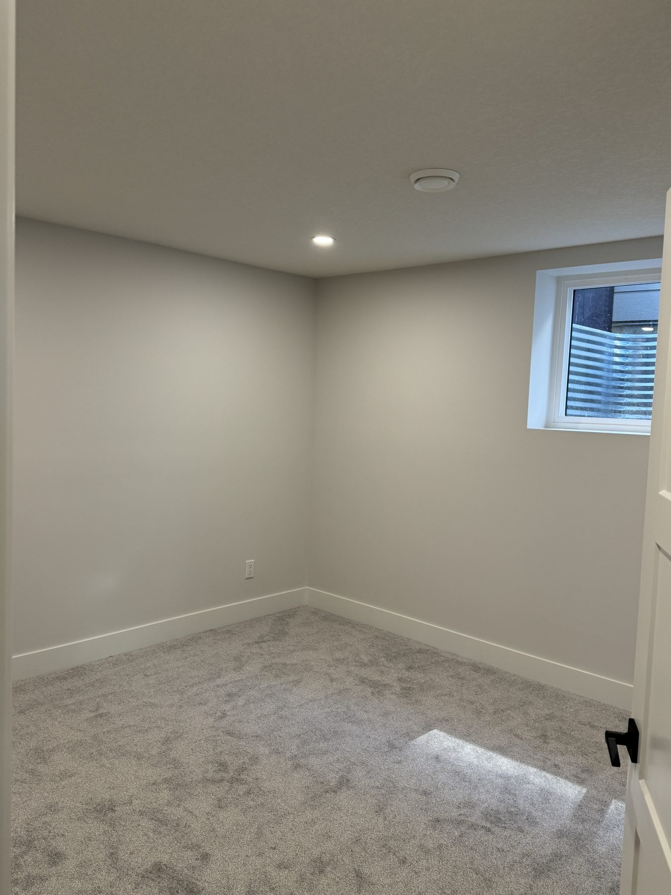 Newly carpeted room with finished walls and a small window — Lake Bonavista