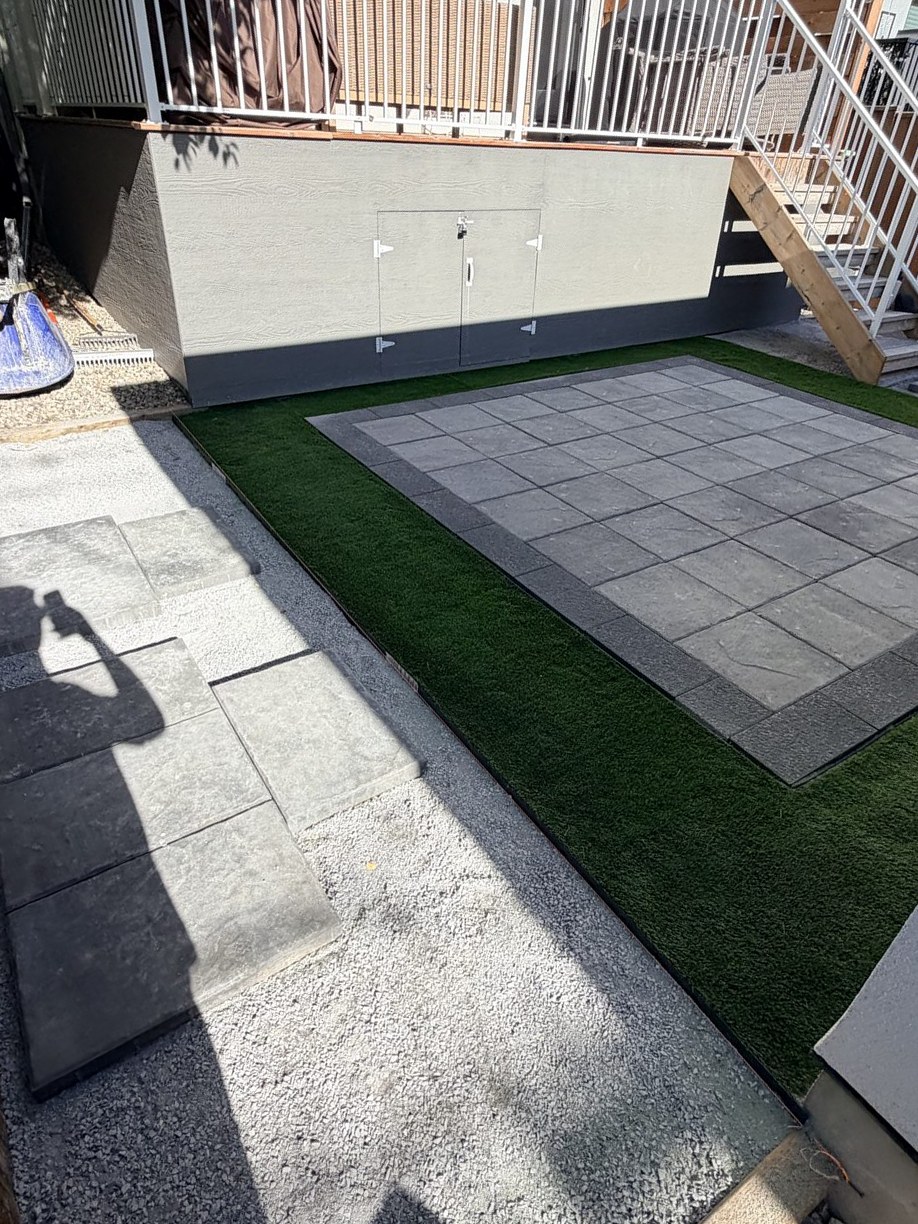 Patio construction with pavers, turf, and gravel base — 3505 41 Street SW, Calgary