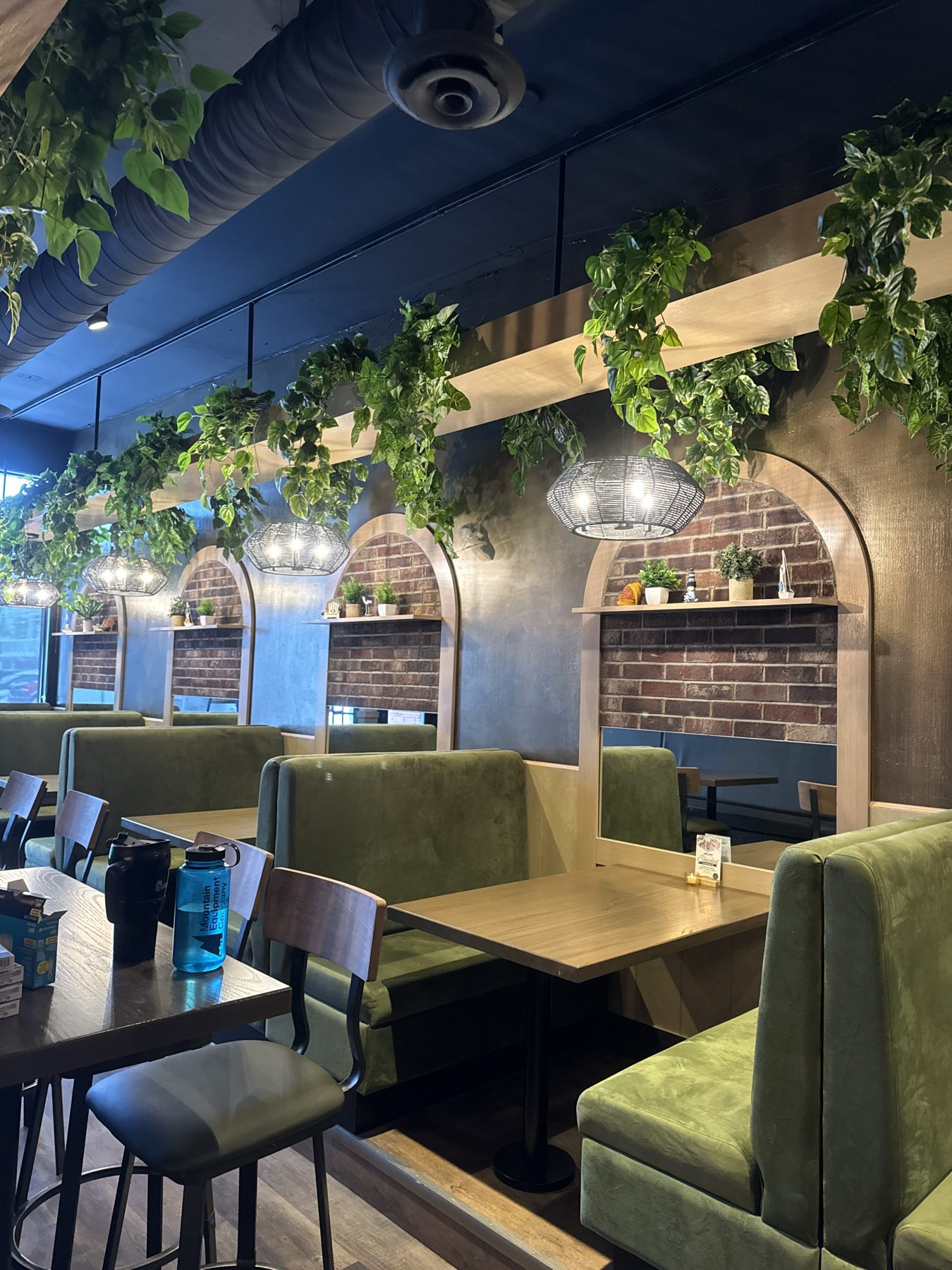 Restaurant dining area with green booths, wood tables, and hanging plants — Blowers and Grafton (Mission)