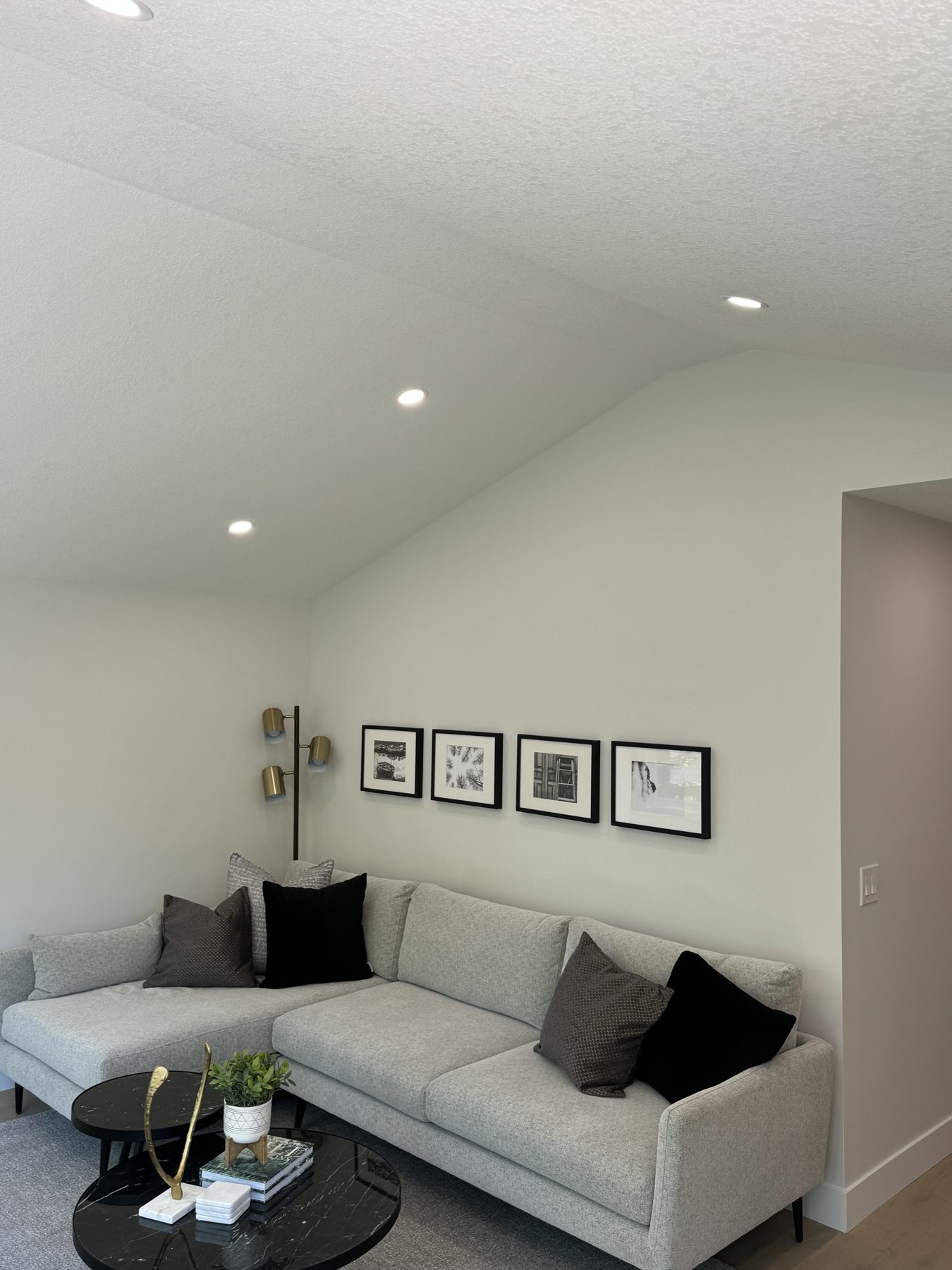 Living room with sectional sofa, recessed lights, and modern decor — Lake Bonavista